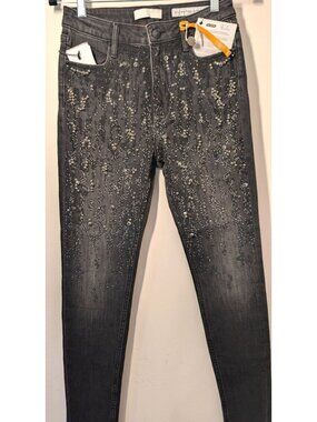 NEW MET Black High Rise Skinny Jeans with Jeweled Embellishments, Women Size 29